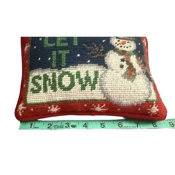 Vintage Needlepoint Pillow Snow Man Let It Snow Red Velvet Backing 8.5 X 6 - Picture 7 of 9